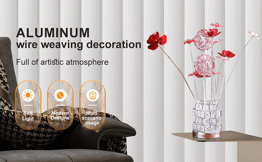 Aluminum 4 Red Roses 6 Petal Floral 2 Red/Silver Flower Bud On A 4 Squared Modern Hexagona Chrome Vase Table Lamp for Living Room, Nightstand Bedside Table Lamp for Bedroom, LED Lamp Default -DTYStore