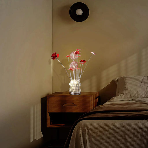 Aluminum 4 Red Roses 6 Petal Floral 2 Red/Silver Flower Bud On A 4 Squared Modern Hexagona Chrome Vase Table Lamp for Living Room, Nightstand Bedside Table Lamp for Bedroom, LED Lamp Default -DTYStore