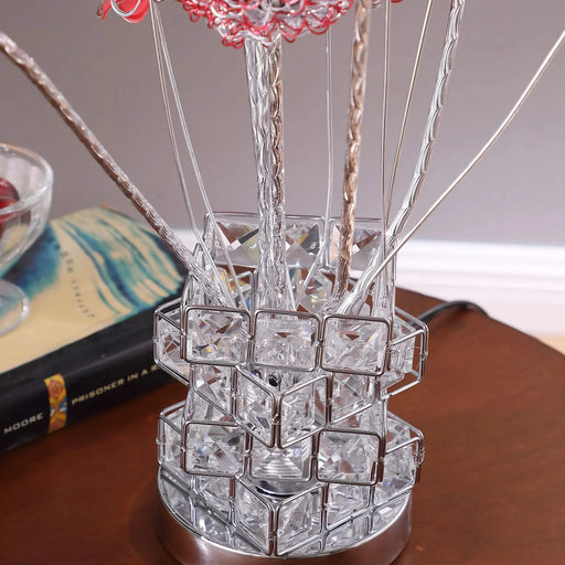 Aluminum 4 Red Roses 6 Petal Floral 2 Red/Silver Flower Bud On A 4 Squared Modern Hexagona Chrome Vase Table Lamp for Living Room, Nightstand Bedside Table Lamp for Bedroom, LED Lamp Default -DTYStore