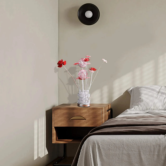 Aluminum 4 Red Roses 6 Petal Floral 2 Red/Silver Flower Bud On A 4 Squared Modern Hexagona Chrome Vase Table Lamp for Living Room, Nightstand Bedside Table Lamp for Bedroom, LED Lamp Default -DTYStore