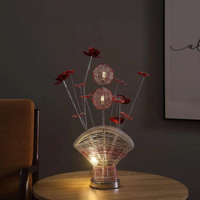 Aluminum 4 Red Roses 6 Petal Floral 2 Red/Silver Flower Bud on A Fan Aluminum Vase Table Lamp for Living Room, Nightstand Bedside Table Lamp for Bedroom, LED Lamp Default -DTYStore