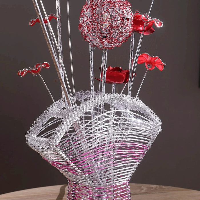 Aluminum 4 Red Roses 6 Petal Floral 2 Red/Silver Flower Bud on A Fan Aluminum Vase Table Lamp for Living Room, Nightstand Bedside Table Lamp for Bedroom, LED Lamp Default -DTYStore