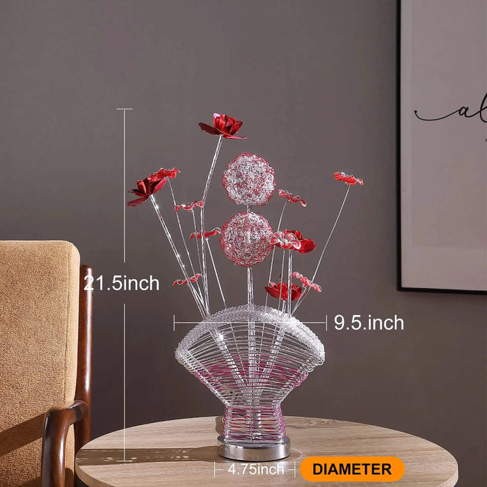 Aluminum 4 Red Roses 6 Petal Floral 2 Red/Silver Flower Bud on A Fan Aluminum Vase Table Lamp for Living Room, Nightstand Bedside Table Lamp for Bedroom, LED Lamp Default -DTYStore