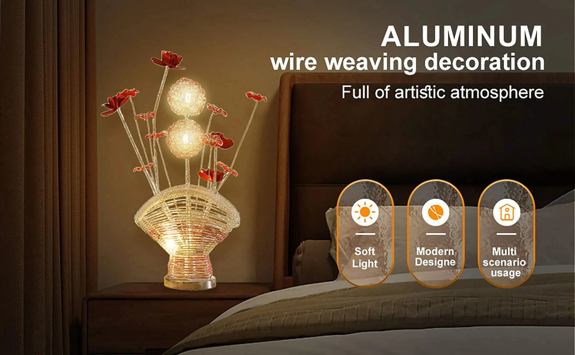 Aluminum 4 Red Roses 6 Petal Floral 2 Red/Silver Flower Bud on A Fan Aluminum Vase Table Lamp for Living Room, Nightstand Bedside Table Lamp for Bedroom, LED Lamp Default -DTYStore