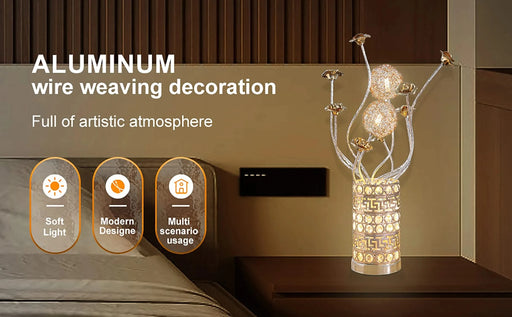 Aluminum Golden Rose Copper/Silver Wire Bud Flower Bud Table Lamp for Living Room, Nightstand Bedside Table Lamp for Bedroom, LED Lamp Default -DTYStore