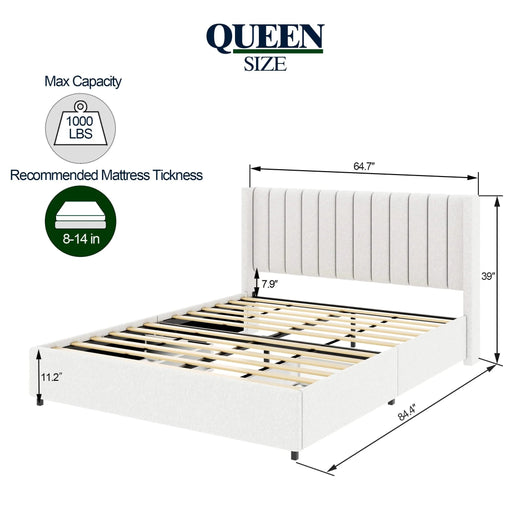 Anda Patented 2-Drawers Storage Bed Queen Size Ivory Boucle Upholstered Platform Bed, Tufted Headboard, No Box Spring Needed Default -DTYStore
