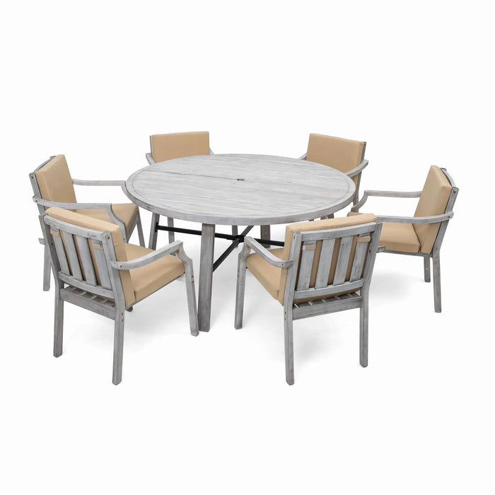 Antique Gray 6-Person Outdoor Wooden Dining Set with Umbrella Hole and Removable Cushions for Patio Default -DTYStore