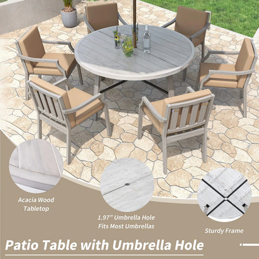 Antique Gray 6-Person Outdoor Wooden Dining Set with Umbrella Hole and Removable Cushions for Patio Default -DTYStore
