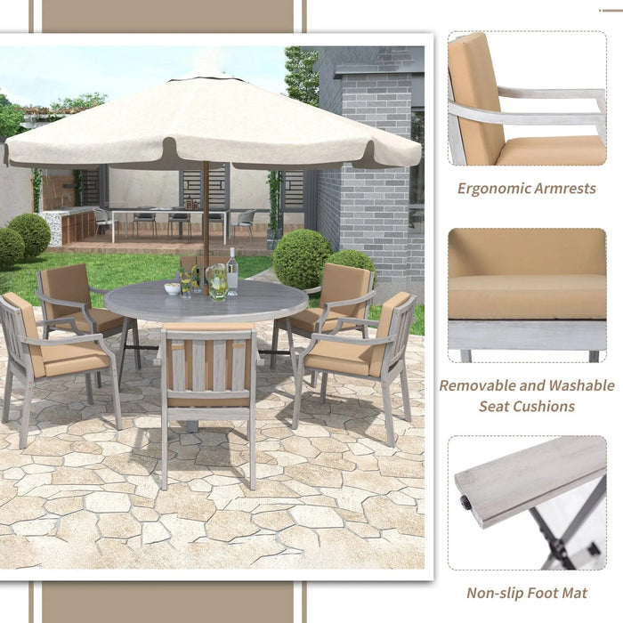 Antique Gray 6-Person Outdoor Wooden Dining Set with Umbrella Hole and Removable Cushions for Patio Default -DTYStore
