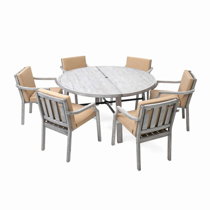 Antique Gray 6-Person Outdoor Wooden Dining Set with Umbrella Hole and Removable Cushions for Patio Default -DTYStore
