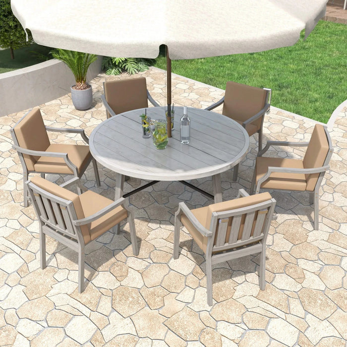 Antique Gray 6-Person Outdoor Wooden Dining Set with Umbrella Hole and Removable Cushions for Patio Default -DTYStore