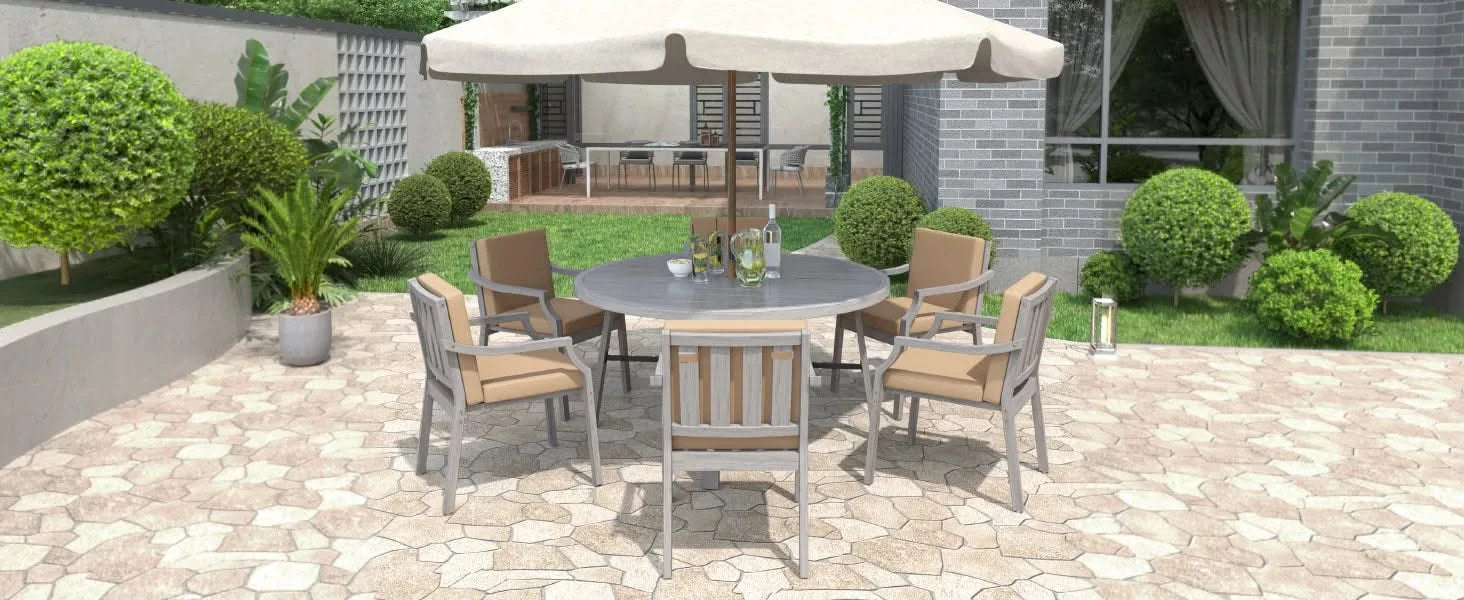 Antique Gray 6-Person Outdoor Wooden Dining Set with Umbrella Hole and Removable Cushions for Patio Default -DTYStore