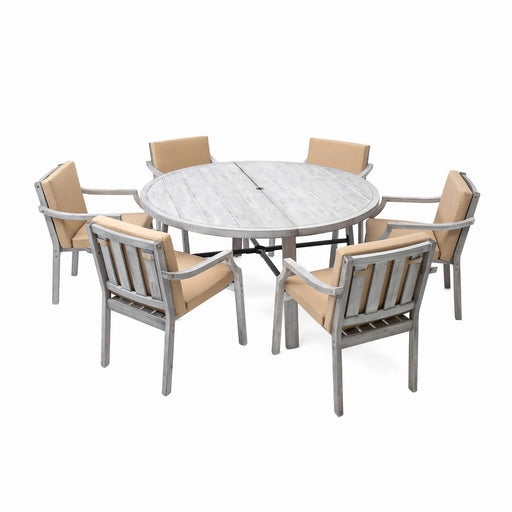 Antique Gray 6-Person Outdoor Wooden Dining Set with Umbrella Hole and Removable Cushions for Patio Default -DTYStore