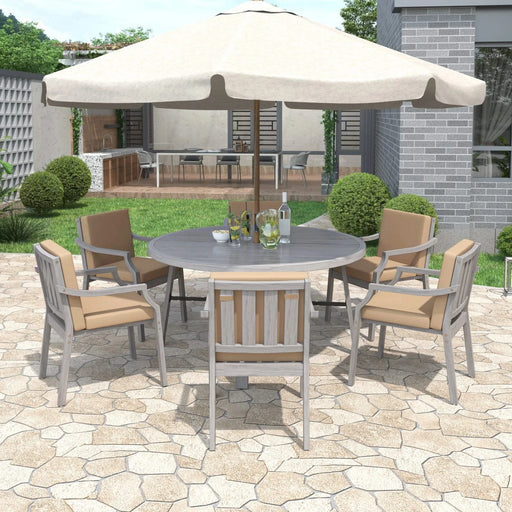 Antique Gray 6-Person Outdoor Wooden Dining Set with Umbrella Hole and Removable Cushions for Patio Default -DTYStore