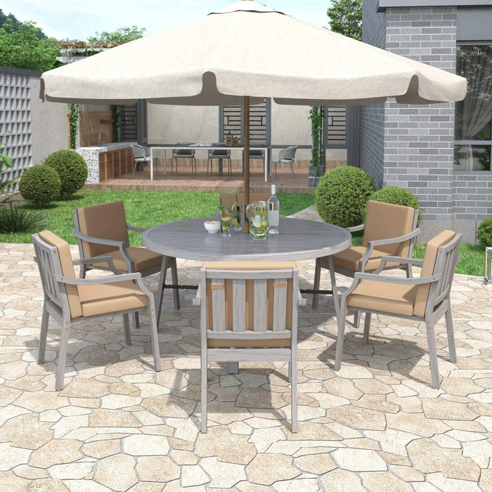 Antique Gray 6-Person Outdoor Wooden Dining Set with Umbrella Hole and Removable Cushions for Patio Default -DTYStore