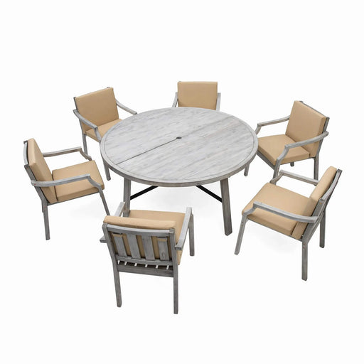 Antique Gray 6-Person Outdoor Wooden Dining Set with Umbrella Hole and Removable Cushions for Patio Default -DTYStore