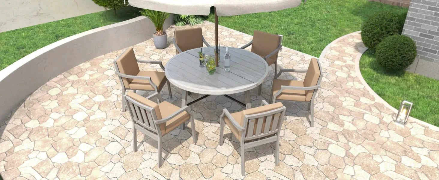 Antique Gray 6-Person Outdoor Wooden Dining Set with Umbrella Hole and Removable Cushions for Patio Default -DTYStore