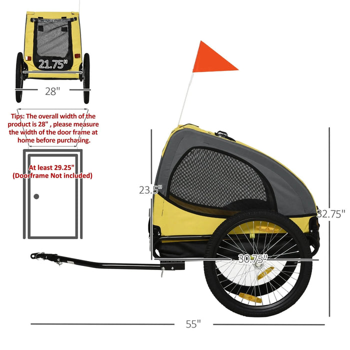 Aosom Dog Bike Trailer, Pet Bike Wagon with Steel Frame, Hitch Coupler, Quick Release Wheels, Reflectors, Flag, Pet Travel Carrier for Medium Dogs, Yellow - DTY Store