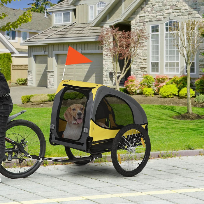 Aosom Dog Bike Trailer, Pet Bike Wagon with Steel Frame, Hitch Coupler, Quick Release Wheels, Reflectors, Flag, Pet Travel Carrier for Medium Dogs, Yellow- DTY Store
