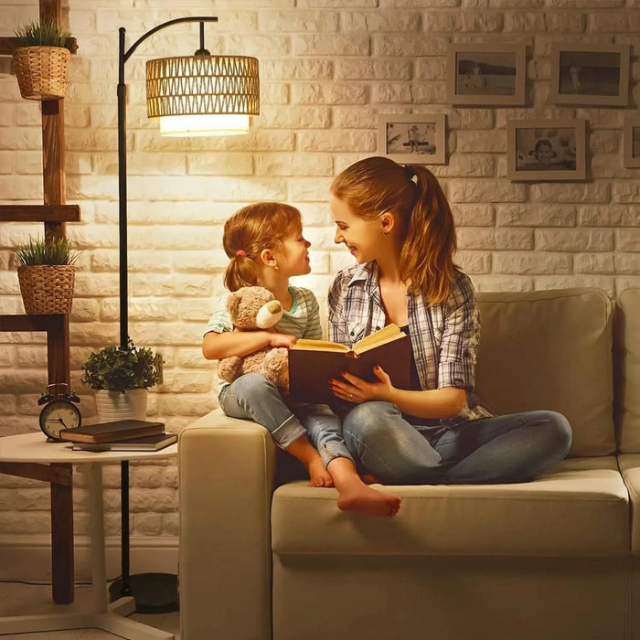 Arc Floor Lamp for Living Room with 3 Color Temperatures, Farmhouse Floor Lamps with Remote & Dimmable Bulb, Boho Standing Lamp with Rattan & Fabric Shades, Adjustable Tall Lamp for Bedroom, Office Default -DTYStore