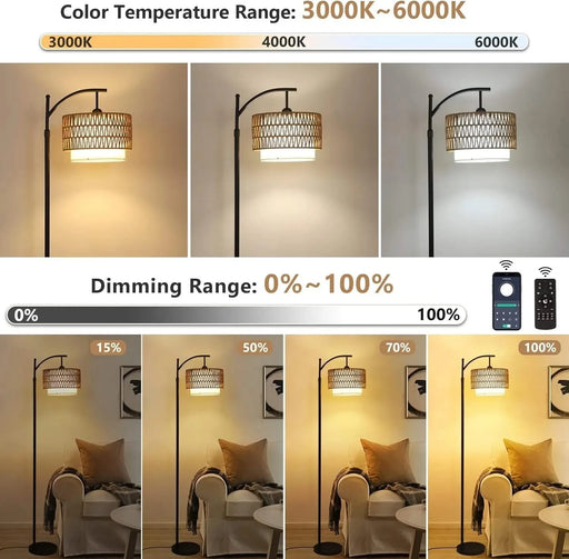 Arc Floor Lamp for Living Room with 3 Color Temperatures, Farmhouse Floor Lamps with Remote & Dimmable Bulb, Boho Standing Lamp with Rattan & Fabric Shades, Adjustable Tall Lamp for Bedroom, Office Default -DTYStore