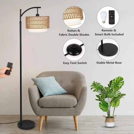 Arc Floor Lamp for Living Room with 3 Color Temperatures, Farmhouse Floor Lamps with Remote & Dimmable Bulb, Boho Standing Lamp with Rattan & Fabric Shades, Adjustable Tall Lamp for Bedroom, Office Default -DTYStore