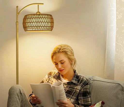 Arc Floor Lamp with 3 Color Temperatures, LED Gold Floor Lamp with Remote & Stepless Dimmable Bulb, Boho Standing Lamp with Rattan & Fabric Shades, Farmhouse Tall Lamp for Living Room Bedroom Default -DTYStore