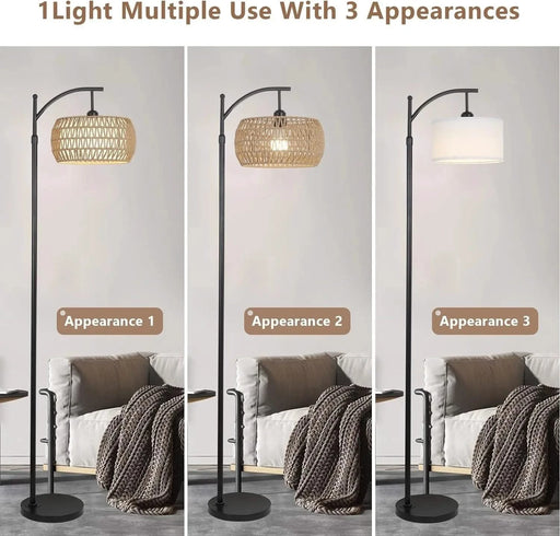 Arc Floor Lamp with Remote Control, Dimmable LED Floor Lamp with 3 Color Temperature, Black Standing Lamp with Rattan & Fabric Double Drum Shade, Boho Farmhouse Tall Pole Lamp for Living Room Bedroom Default -DTYStore