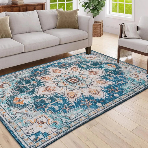 Area Rug 5x7 Vintage Bohemia Large Persian Non-slip Washable Rug For Living Room Kitchen Bedroom Living Room Flower Design Blue/Beige Default -DTYStore