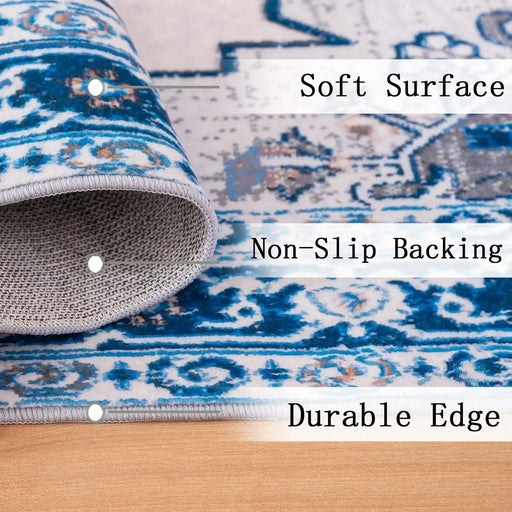 Area Rug 5x7 Vintage Bohemia Large Persian Non-slip Washable Rug For Living Room Kitchen Bedroom Living Room Flower Design Blue/Beige Default -DTYStore