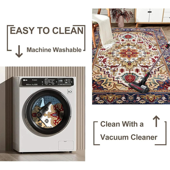 Area Rug 5x7 Vintage Bohemia Large Persian Non-slip Washable Rug For Living Room Kitchen Bedroom Living Room Flower Design Blue/Gold Default -DTYStore