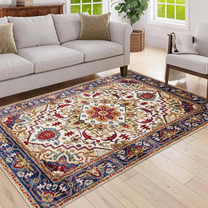 Area Rug 5x7 Vintage Bohemia Large Persian Non-slip Washable Rug For Living Room Kitchen Bedroom Living Room Flower Design Blue/Gold Default -DTYStore