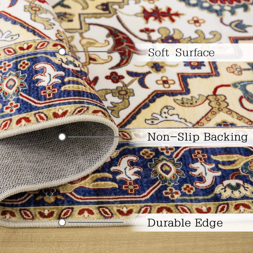 Area Rug 5x7 Vintage Bohemia Large Persian Non-slip Washable Rug For Living Room Kitchen Bedroom Living Room Flower Design Blue/Gold Default -DTYStore