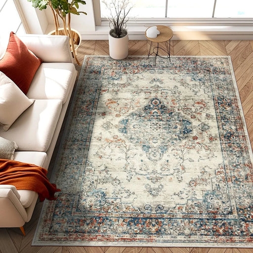 Area Rug 5x7 Vintage Bohemia Large Persian Non-slip Washable Rug For Living Room Kitchen Bedroom Living Room Flower Design Blue/Yellow Default -DTYStore