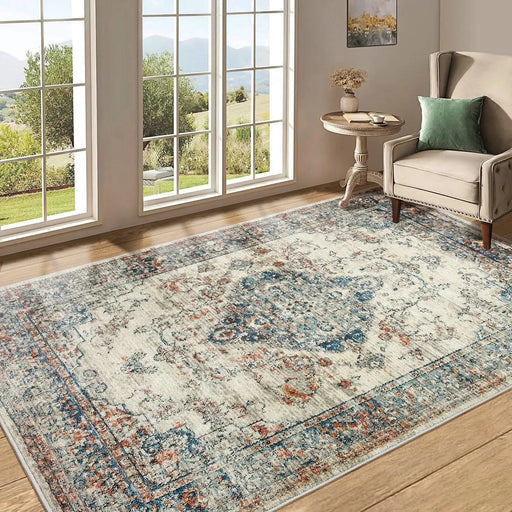 Area Rug 5x7 Vintage Bohemia Large Persian Non-slip Washable Rug For Living Room Kitchen Bedroom Living Room Flower Design Blue/Yellow Default -DTYStore