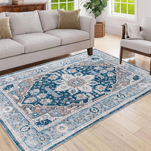 Area Rug 5x7 Vintage Bohemia Large Persian Non-slip Washable Rug For Living Room Kitchen Bedroom Living Room Flower Design Blue Default -DTYStore