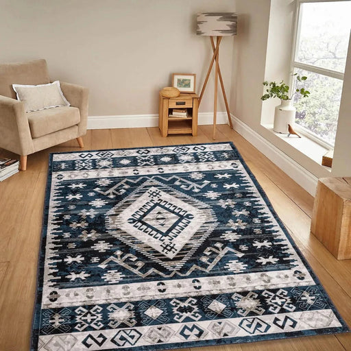 Area Rug 5x7 Vintage Bohemia Large Persian Non-slip Washable Rug For Living Room Kitchen Bedroom Living Room Geometry Blue/Black Default -DTYStore