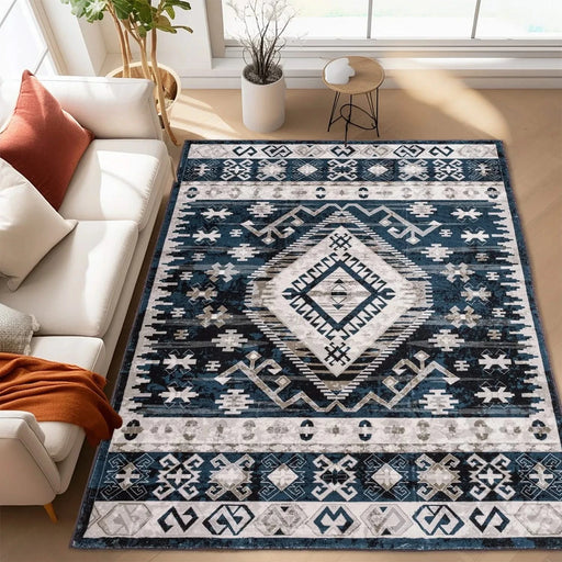 Area Rug 5x7 Vintage Bohemia Large Persian Non-slip Washable Rug For Living Room Kitchen Bedroom Living Room Geometry Blue/Black Default -DTYStore