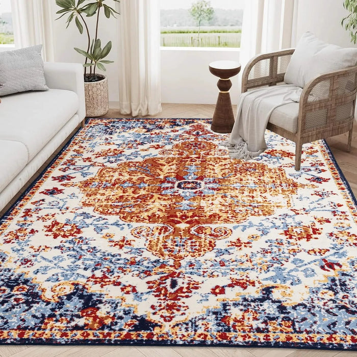 Area Rug 6x9 Vintage Bohemia Large Persian Non-slip Washable Rug For Living Room Kitchen Bedroom Living Room Flower Design Amber Default -DTYStore
