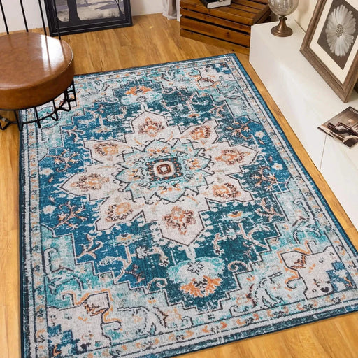 Area Rug 6x9 Vintage Bohemia Large Persian Non-slip Washable Rug For Living Room Kitchen Bedroom Living Room Flower Design Blue/Gold Default -DTYStore