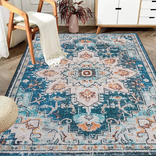 Area Rug 6x9 Vintage Bohemia Large Persian Non-slip Washable Rug For Living Room Kitchen Bedroom Living Room Flower Design Blue/Gold Default -DTYStore