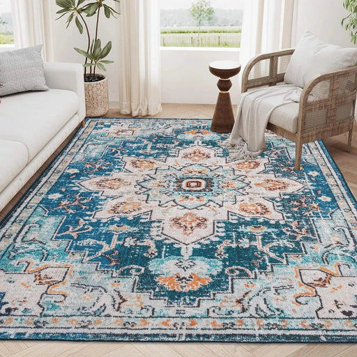 Area Rug 6x9 Vintage Bohemia Large Persian Non-slip Washable Rug For Living Room Kitchen Bedroom Living Room Flower Design Blue/Gold Default -DTYStore