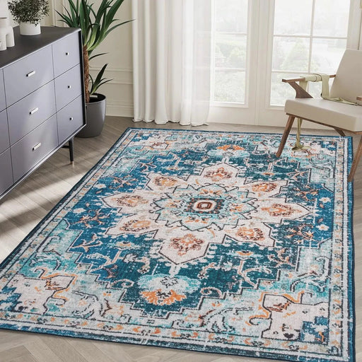 Area Rug 6x9 Vintage Bohemia Large Persian Non-slip Washable Rug For Living Room Kitchen Bedroom Living Room Flower Design Blue/Gold Default -DTYStore