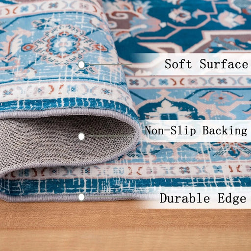 Area Rug 6x9 Vintage Bohemia Large Persian Non-slip Washable Rug For Living Room Kitchen Bedroom Living Room Flower Design Blue Default -DTYStore