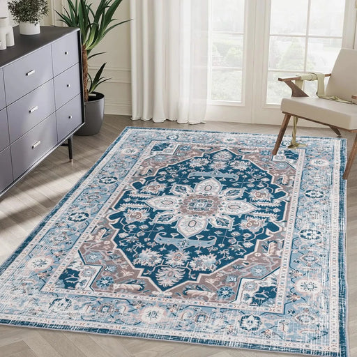 Area Rug 6x9 Vintage Bohemia Large Persian Non-slip Washable Rug For Living Room Kitchen Bedroom Living Room Flower Design Blue Default -DTYStore