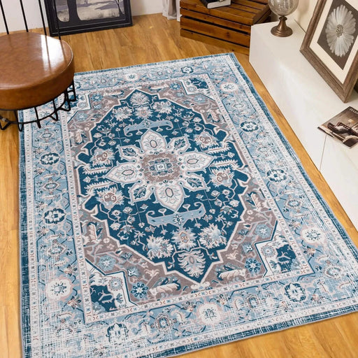 Area Rug 6x9 Vintage Bohemia Large Persian Non-slip Washable Rug For Living Room Kitchen Bedroom Living Room Flower Design Blue Default -DTYStore