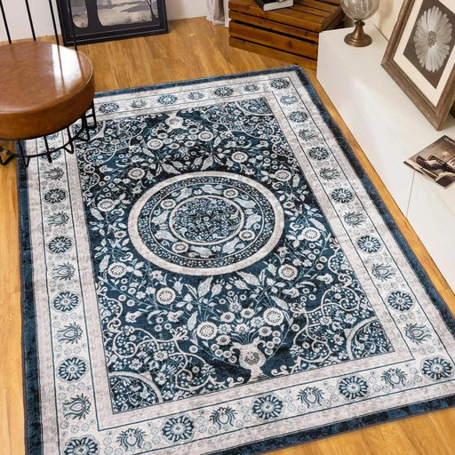 Area Rug 6x9 Vintage Bohemia Large Persian Non-slip Washable Rug For Living Room Kitchen Bedroom Living Room Flower Design Navy Blue Default -DTYStore