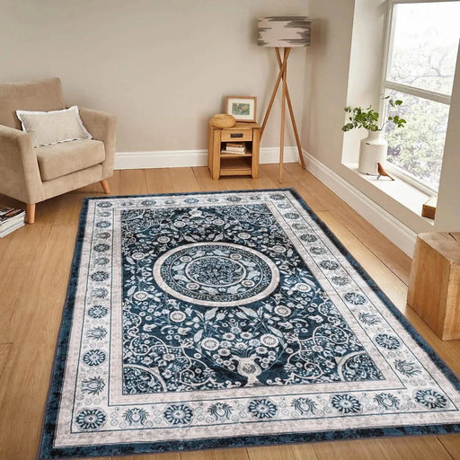 Area Rug 6x9 Vintage Bohemia Large Persian Non-slip Washable Rug For Living Room Kitchen Bedroom Living Room Flower Design Navy Blue Default -DTYStore