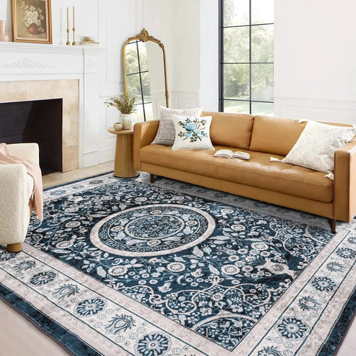 Area Rug 6x9 Vintage Bohemia Large Persian Non-slip Washable Rug For Living Room Kitchen Bedroom Living Room Flower Design Navy Blue Default -DTYStore