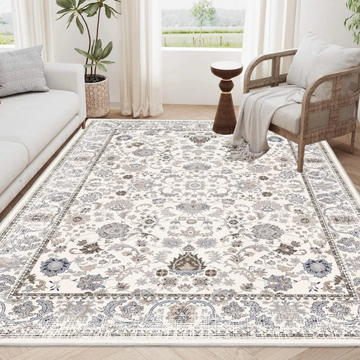 Area Rug 6x9 Vintage Bohemia Non-slip Washable Rug For Living Room Kitchen Bedroom Living Room Flower Design Light Khaki/Beige Default -DTYStore